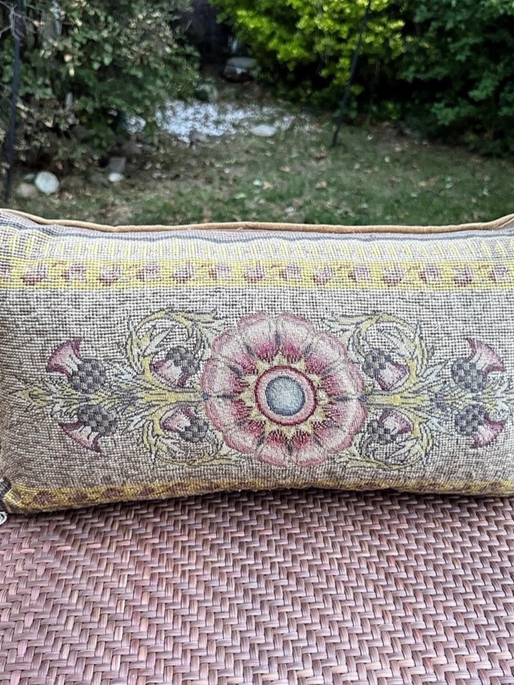 Vintage Floral Tapestry Lumbar Pillow Fringe Velvet Back 20”Cottagecore